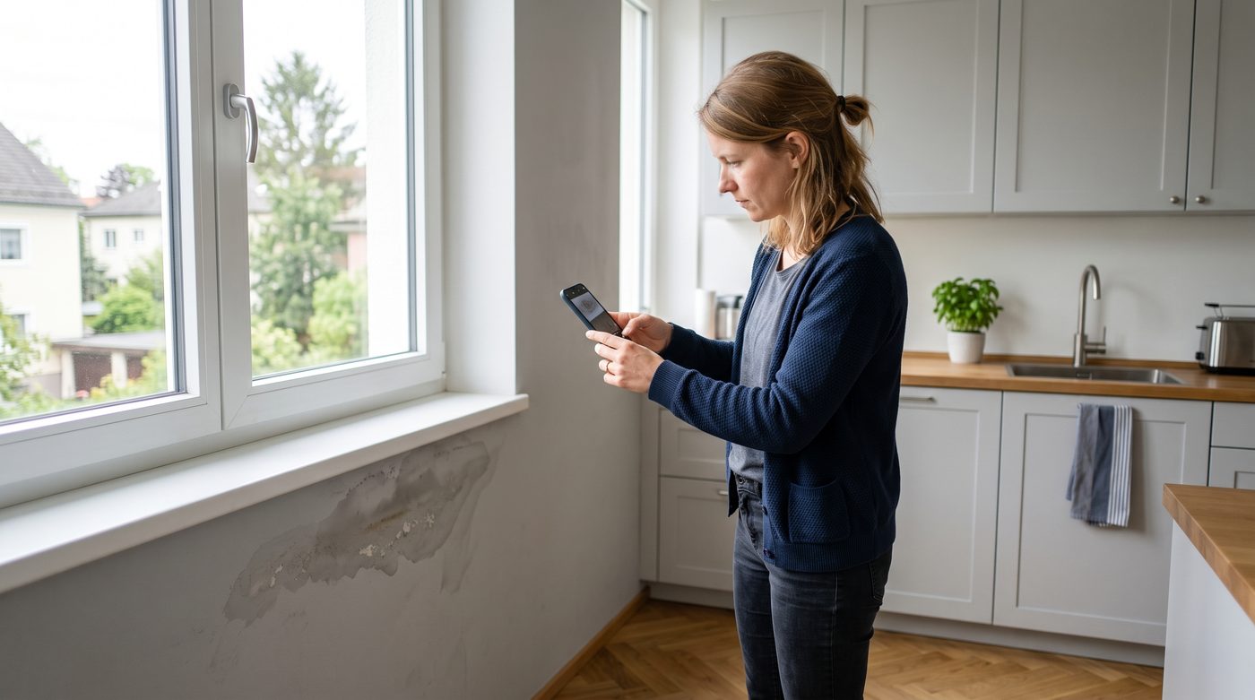 Frau fotografiert mit dem Smartphone einen Wasserschaden an der Küchenwand